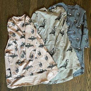 Moi bundle of 3 organic cotton dresses featuring bats, flies, and crows. Size 2T